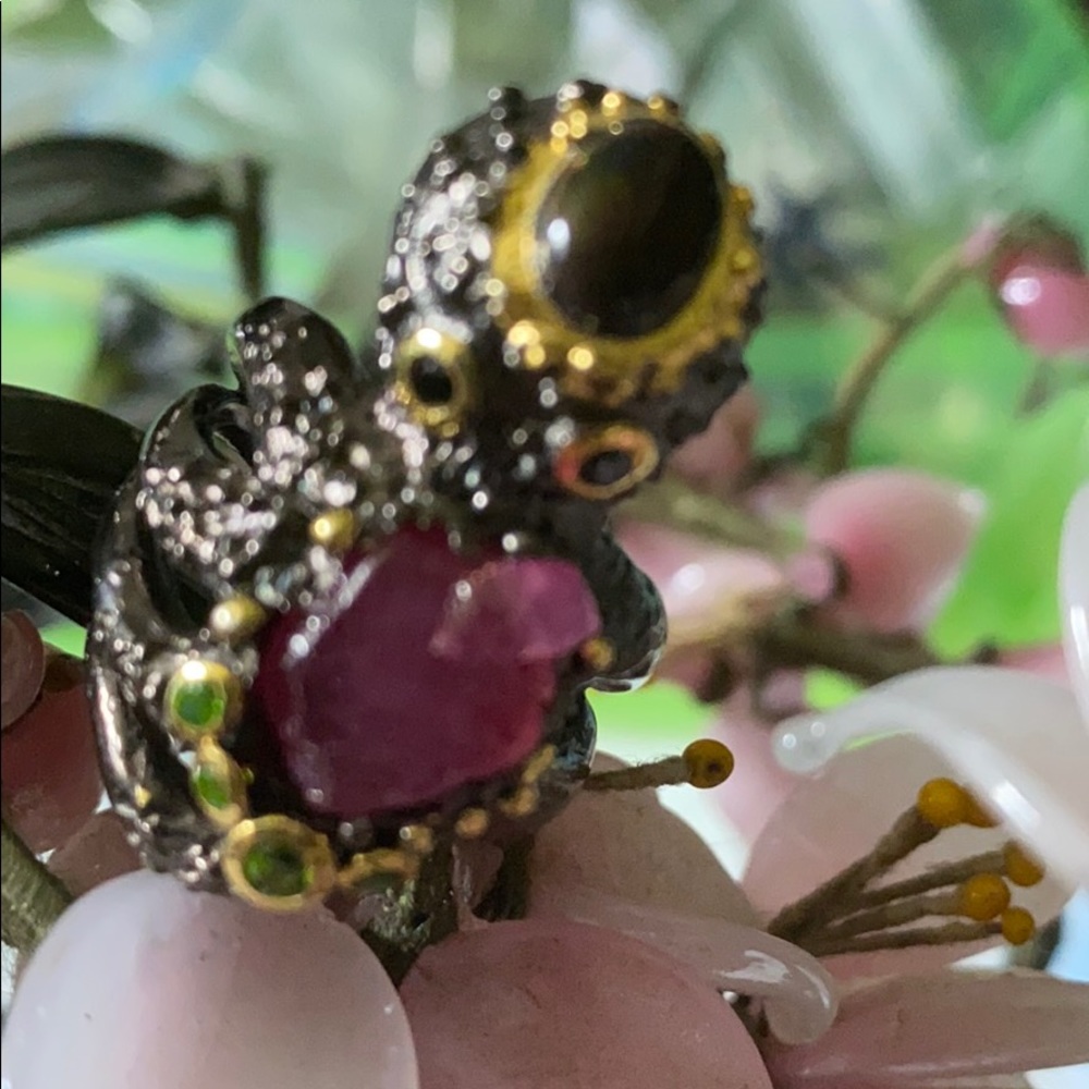 Vintage 925 rough ruby emerald ring